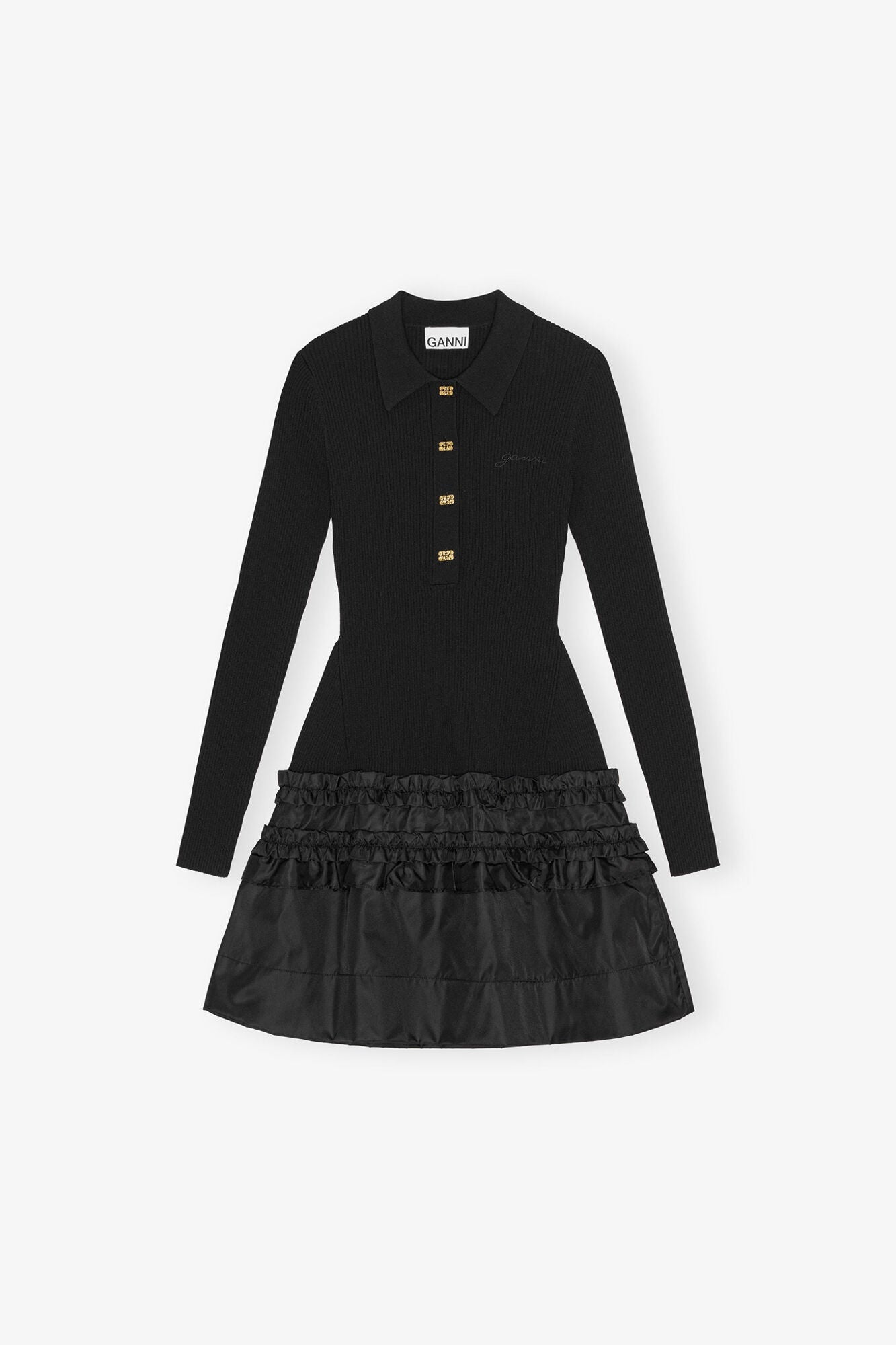 Mini Dress in Rib Knit Ruffle | Black