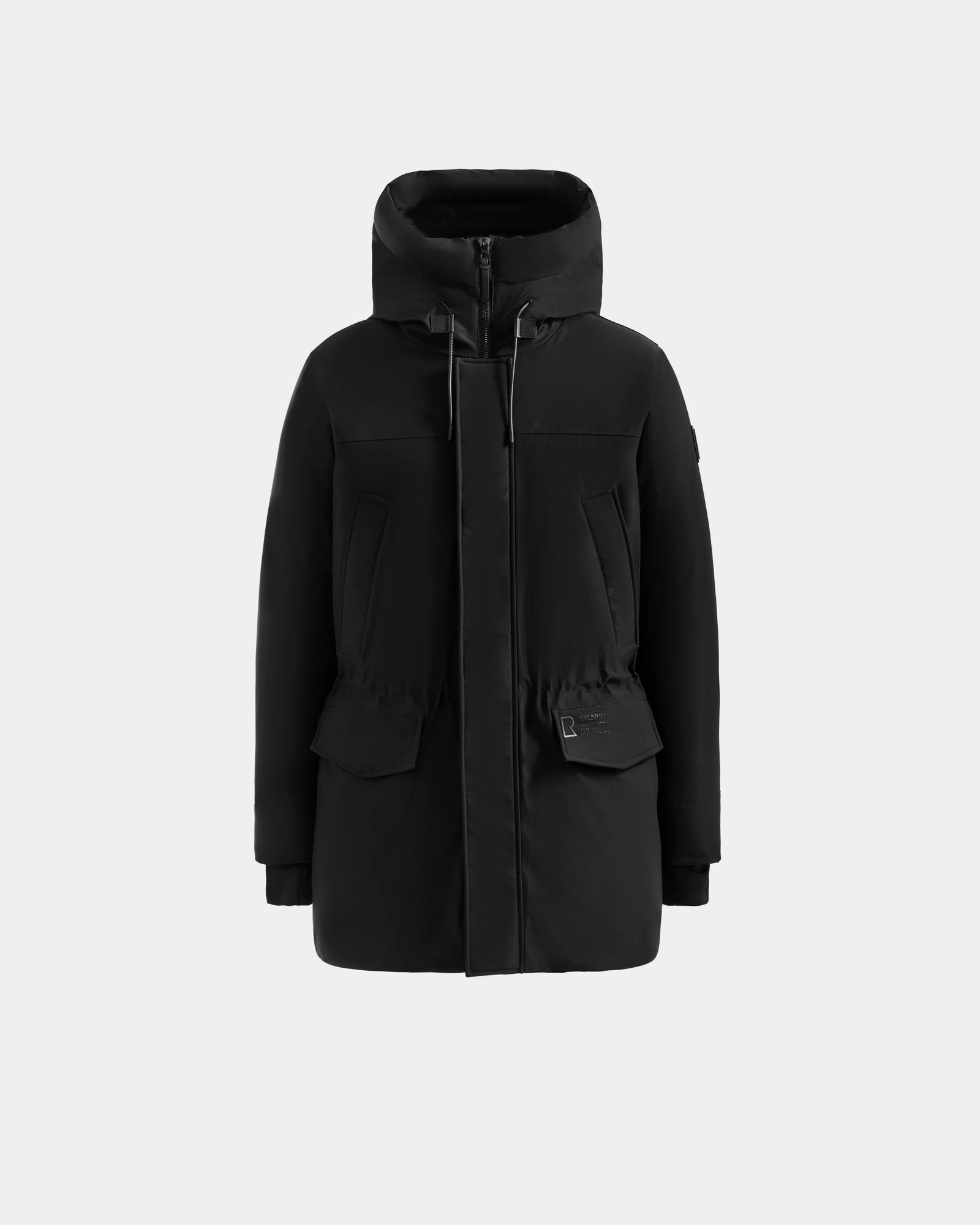 The Rudsak MITCHELL - M125513 Black men’s down parka features a hood with drawstrings, front zipper, snap buttons, flap pockets, and is filled with cozy RDS-certified down. Displayed against a light gray background.