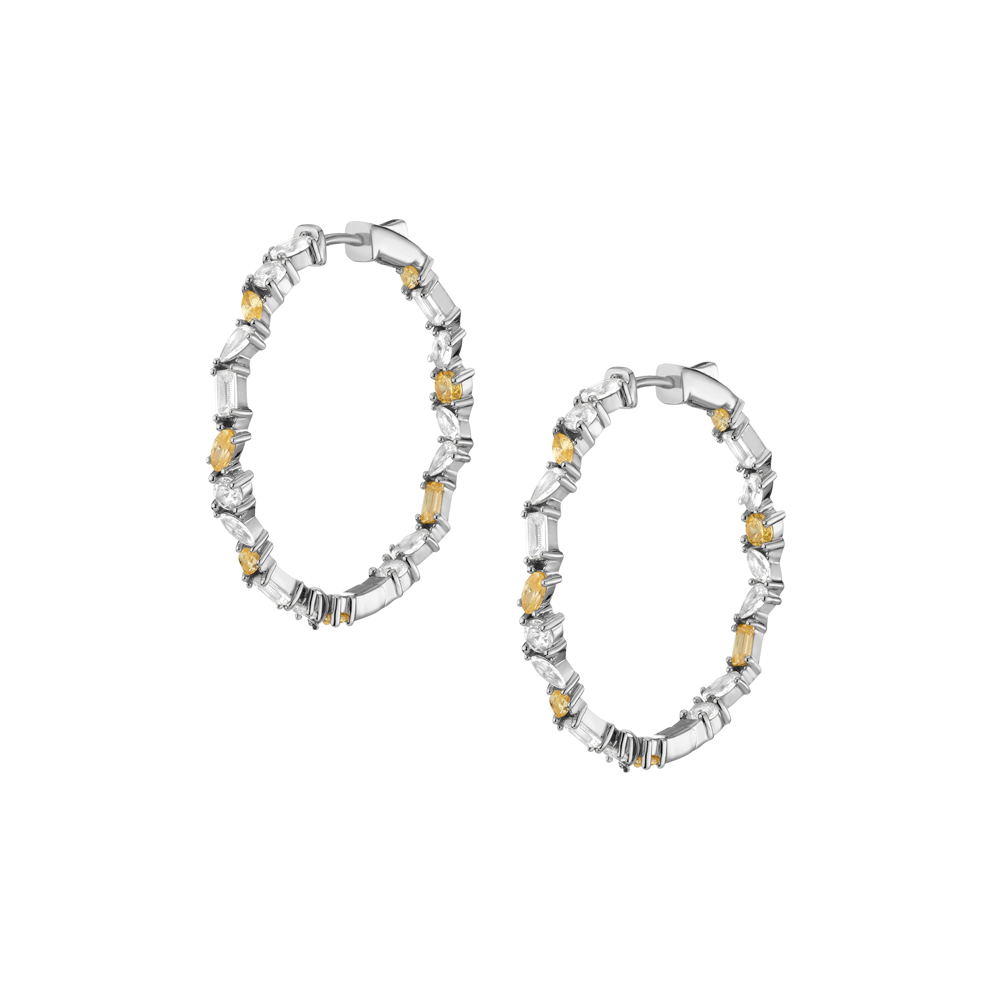 Lab Grown White Sapphire and Canary Mixed Shape Hoop Earrings Vermeil White Gold First