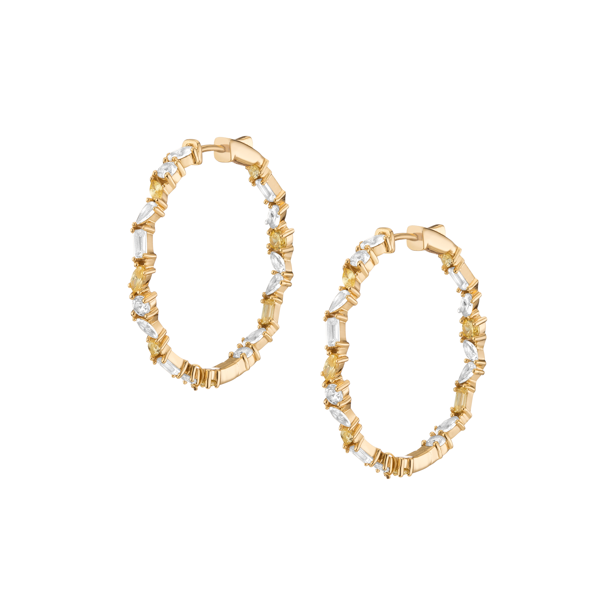 Lab Grown White Sapphire and Canary Mixed Shape Hoop Earrings Vermeil Yellow Gold First