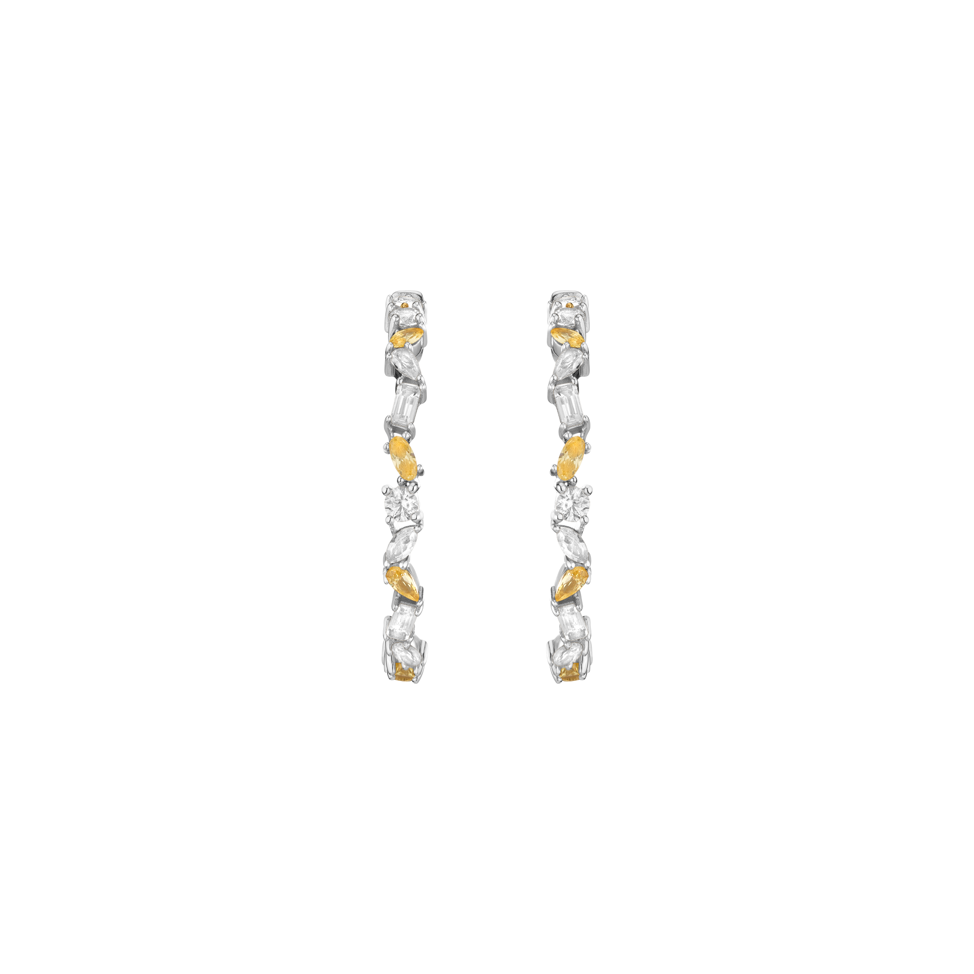 Lab Grown White Sapphire and Canary Mixed Shape Hoop Earrings Vermeil White Gold