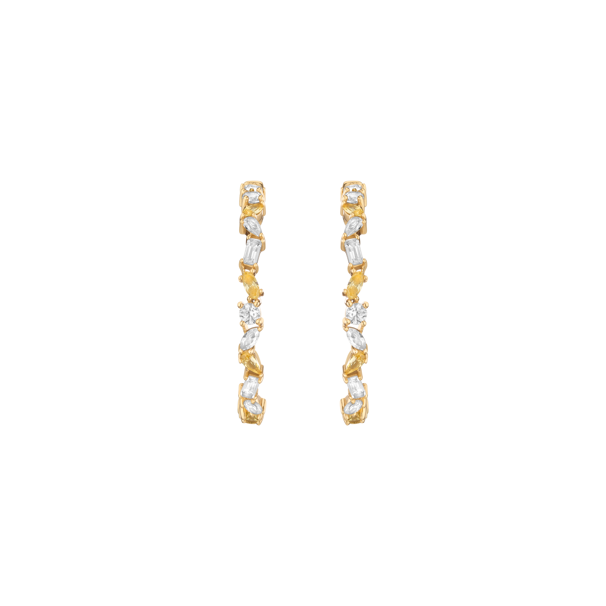 Lab Grown White Sapphire and Canary Mixed Shape Hoop Earrings Vermeil Yellow Gold