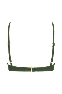 Olive green textured bikini top with thin shoulder straps and center gold ring detail, shown from back view.