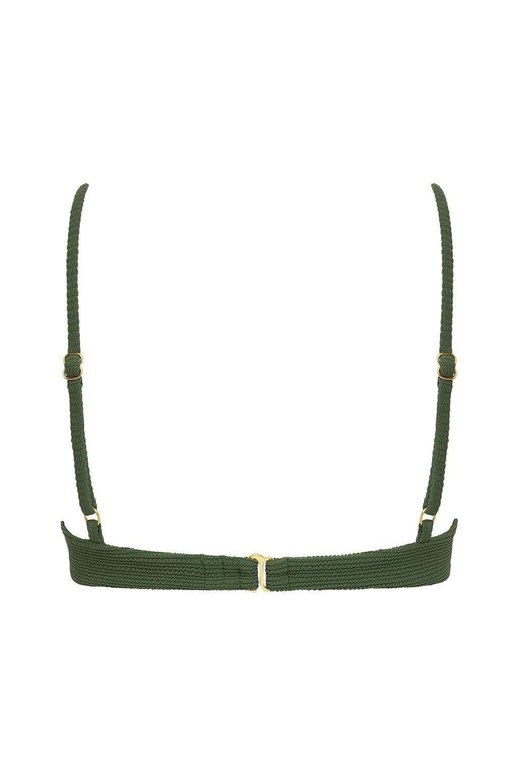 Olive green textured bikini top with thin shoulder straps and center gold ring detail, shown from back view.