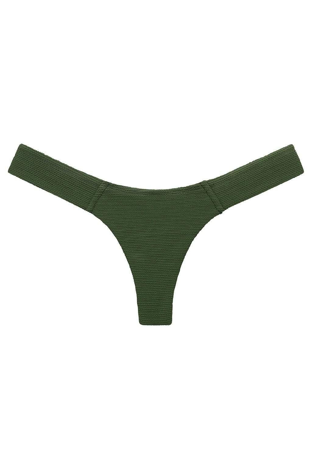 Olive green textured bikini bottom with scrunched sides and thin straps on a white background.