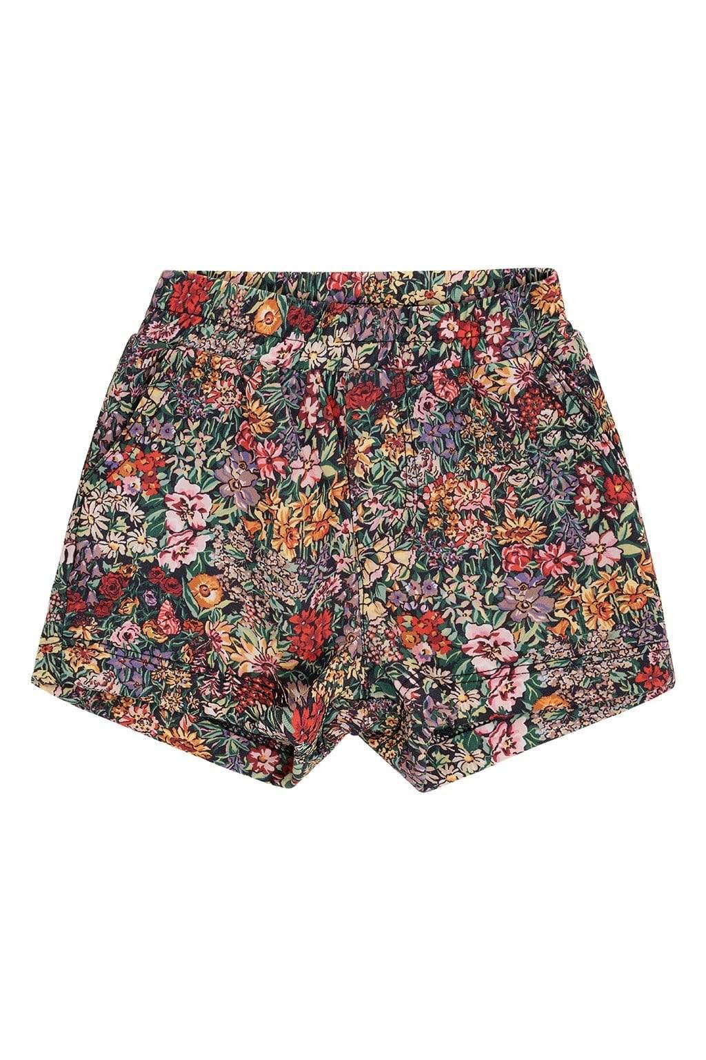 Navy swim shorts with colorful floral pattern featuring red, pink, orange, and yellow flowers on dark background.