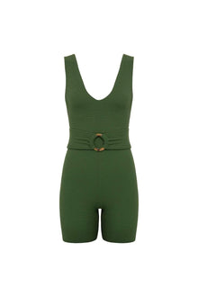 Olive green textured sleeveless onesie with V-neckline, cinched waist with ring detail, and shorts-length legs.