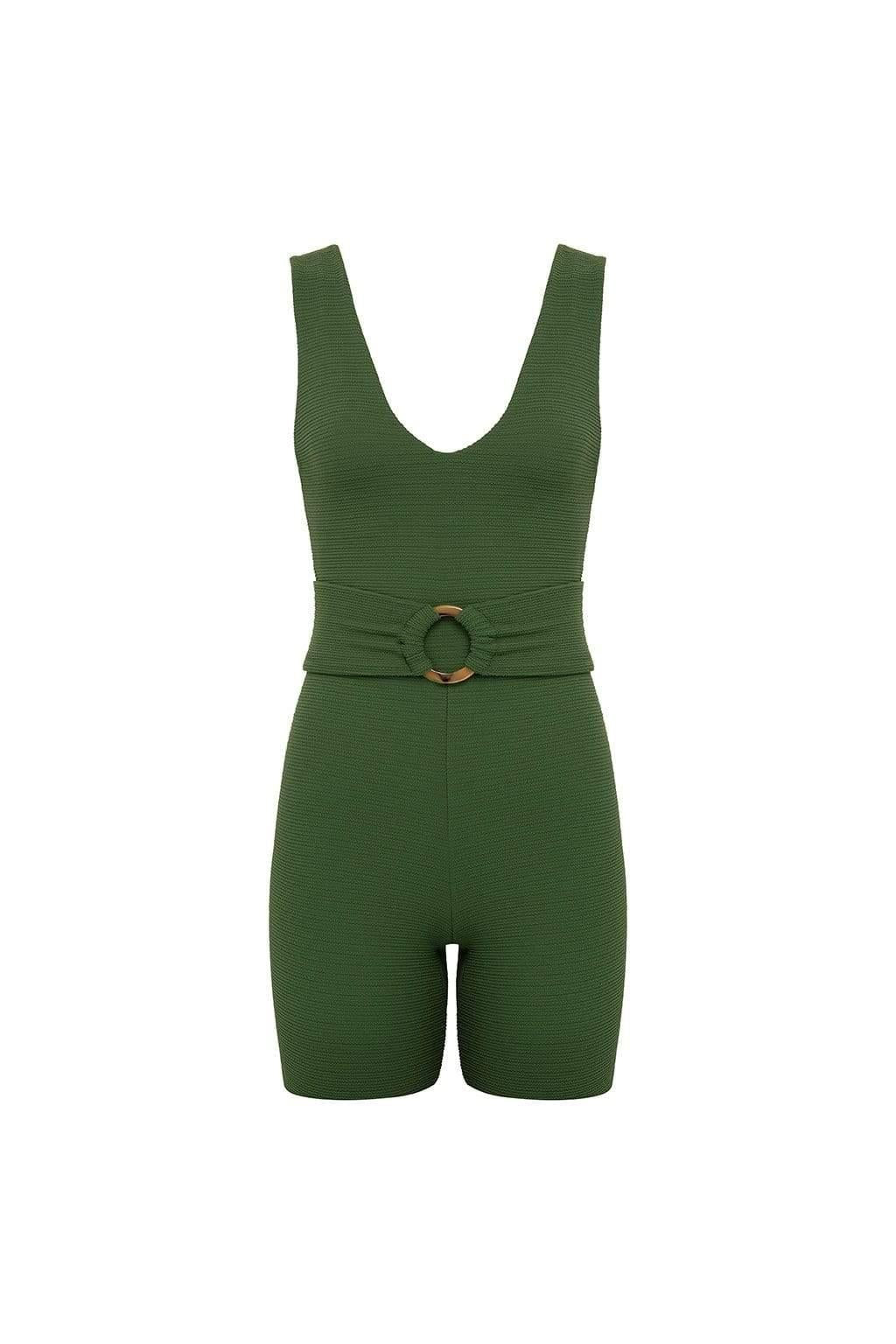 Olive green textured sleeveless onesie with V-neckline, cinched waist with ring detail, and shorts-length legs.