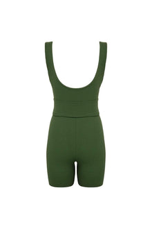 Olive green micro scrunch sleeveless onesie with wide straps, ruched detailing, and shorts-length legs.
