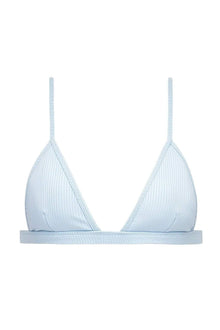 Light blue ribbed triangle bikini top with thin shoulder straps and underwire support.