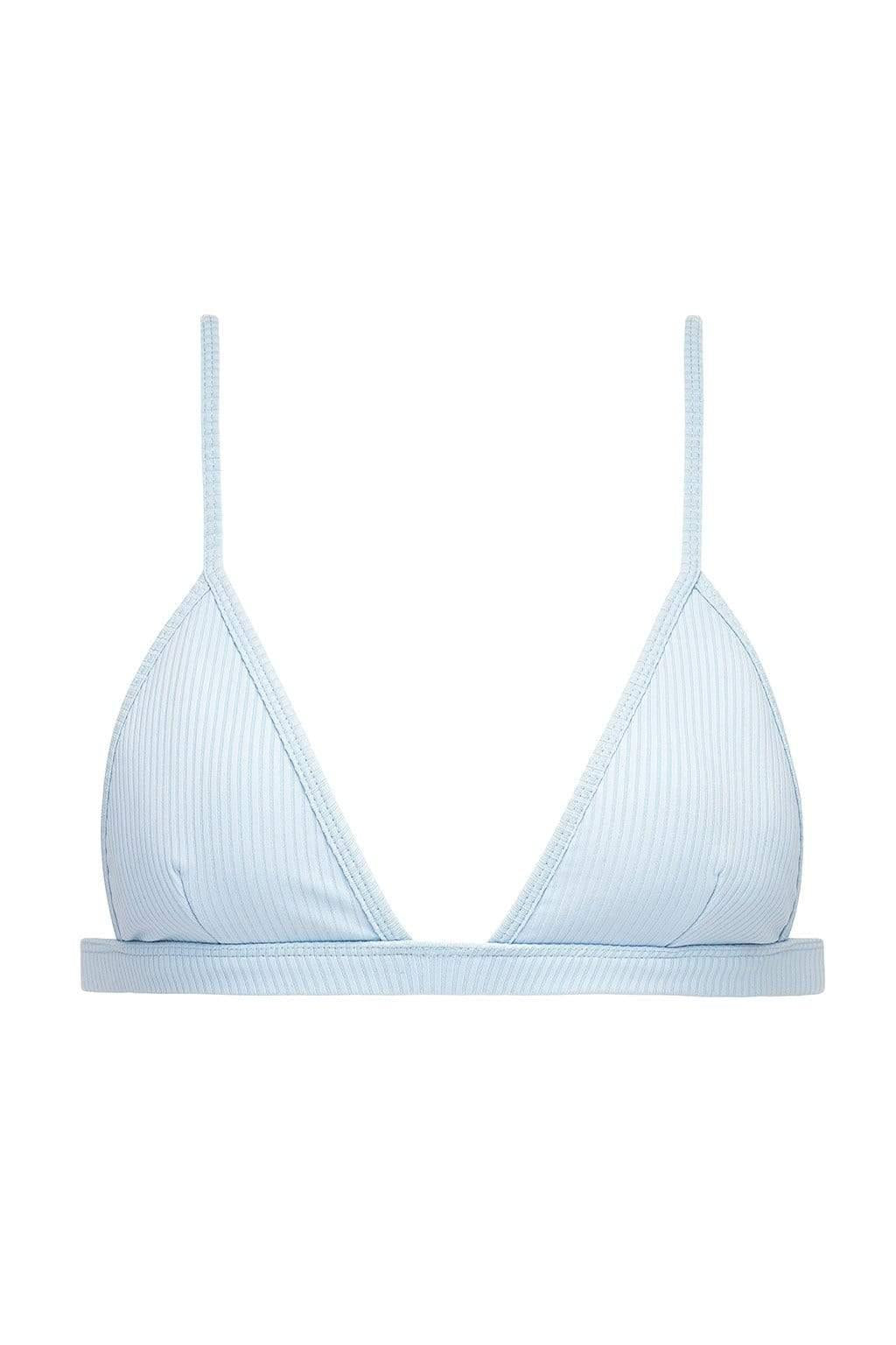 Light blue ribbed triangle bikini top with thin shoulder straps and underwire support.