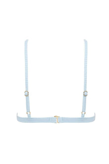 Light blue ribbed triangle bikini top with adjustable straps and gold-tone hardware.