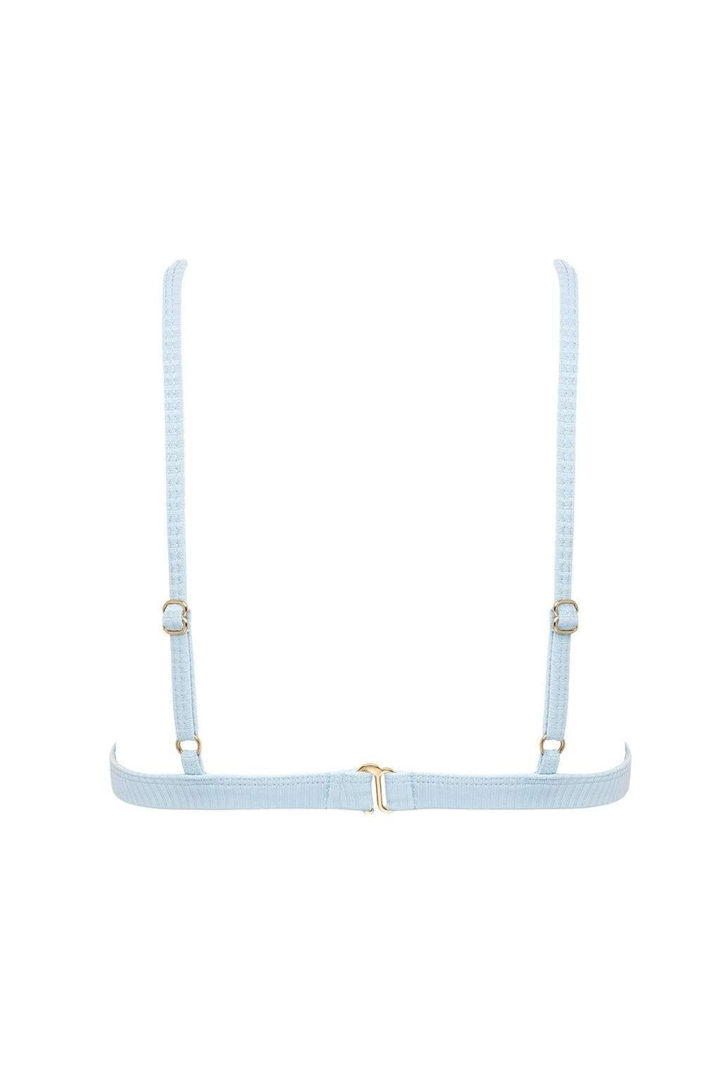 Light blue ribbed triangle bikini top with adjustable straps and gold-tone hardware.