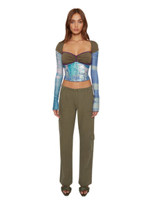 Womens | Multi Layered Bustier Print Long Sleeve Top | Olive