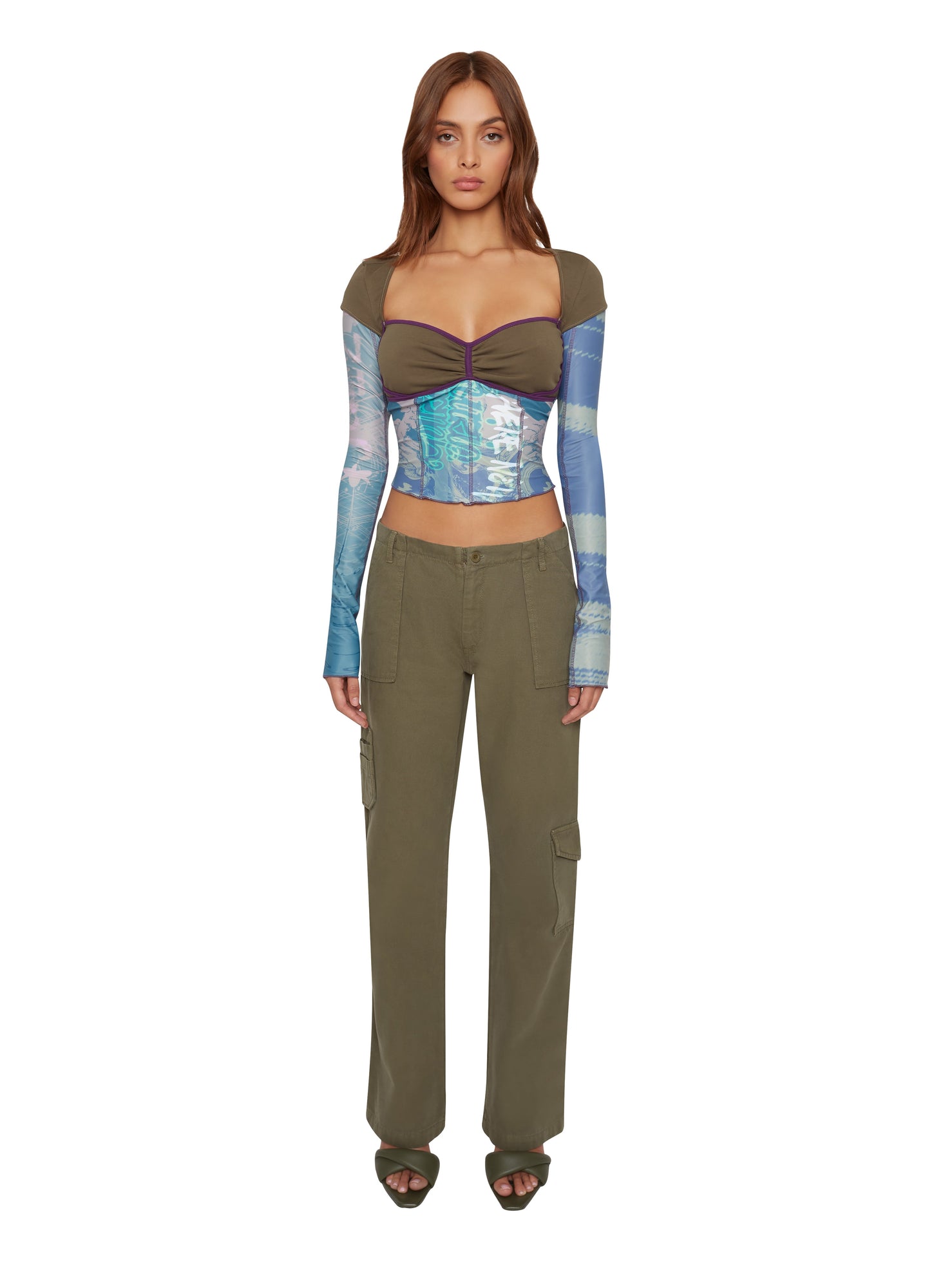 Womens | Multi Layered Bustier Print Long Sleeve Top | Olive
