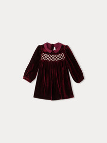 Girl | Trinité Smocked Dress In Silk Velvet | Burgundy