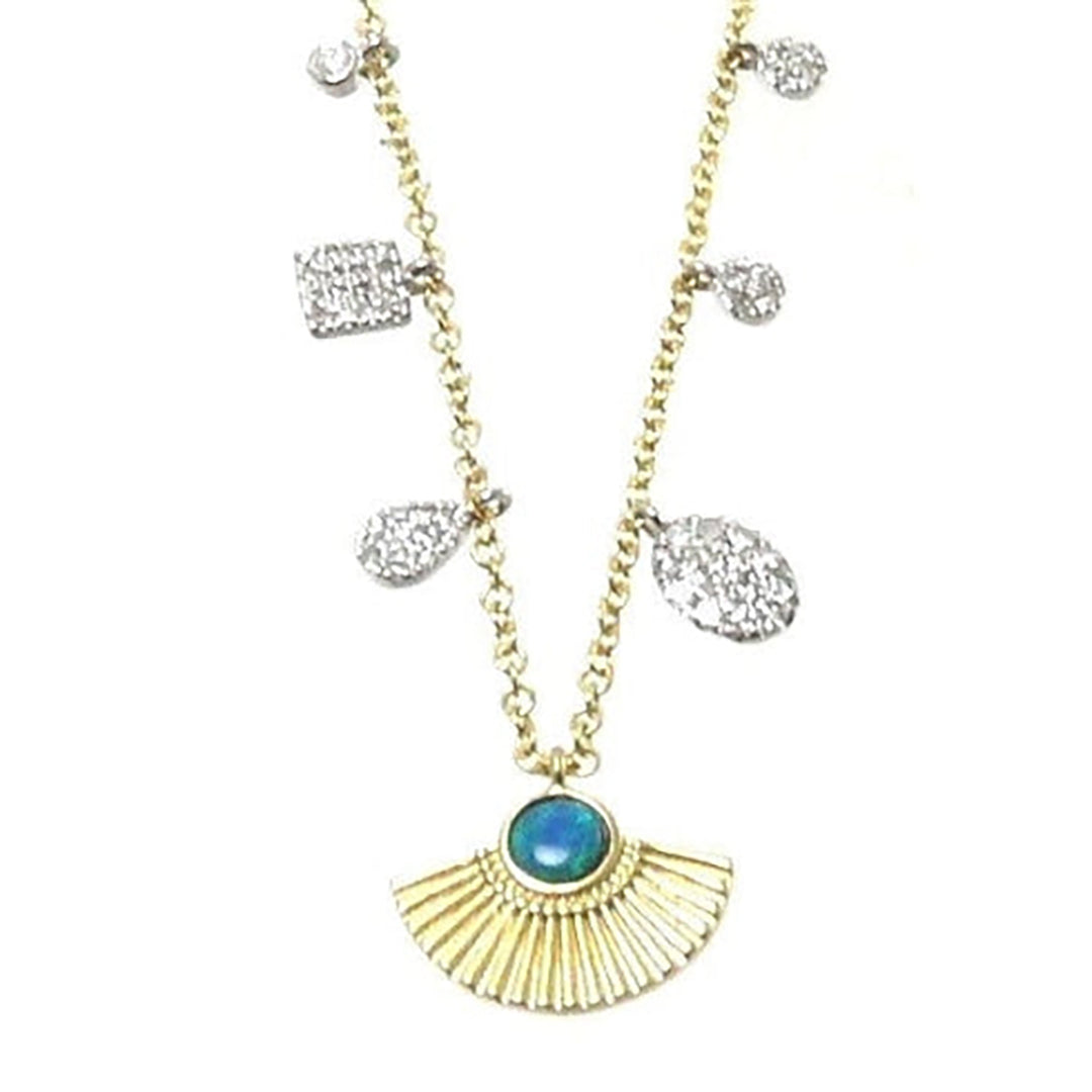 Opal Accent Fan Pendant Charm Necklace | Yellow Gold