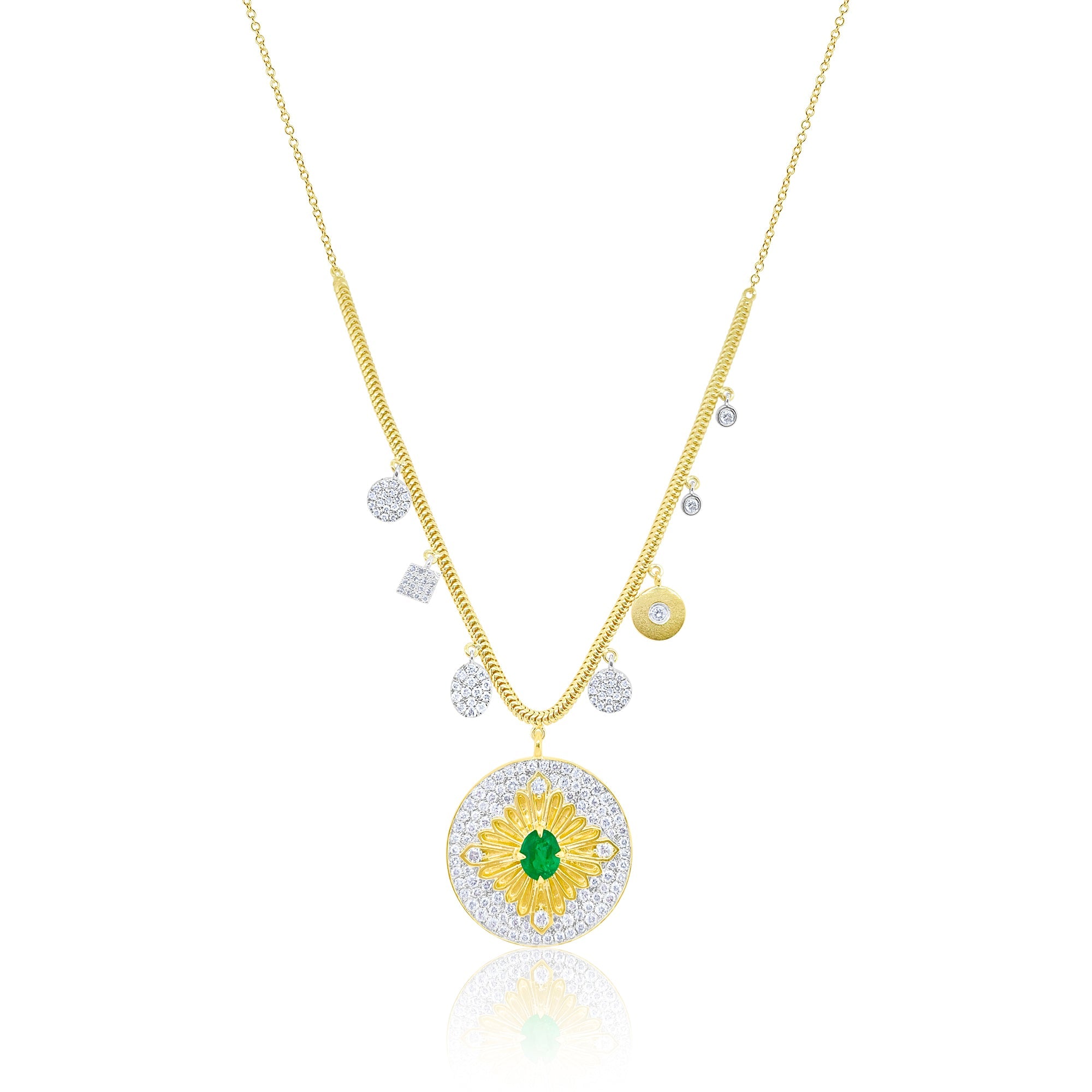 14kt Yellow Gold Snake Chain Emerald and Diamond Medallion Necklace | Yellow Gold