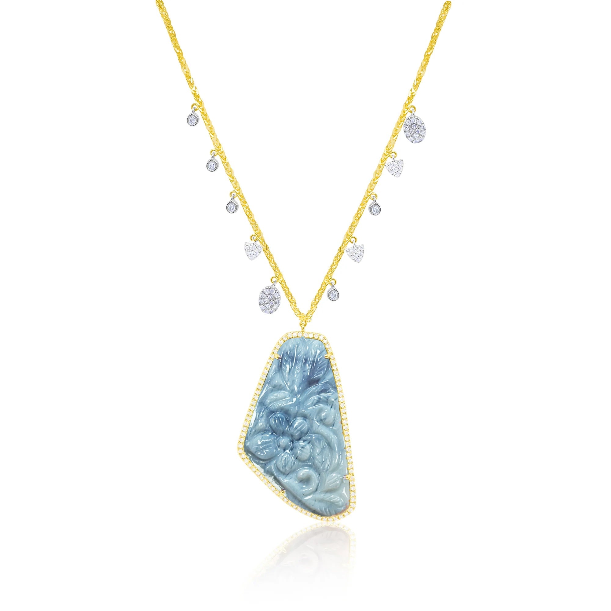 14Kt Yellow Gold Silver Center Blue Opal Diamond Necklace | Yellow Gold