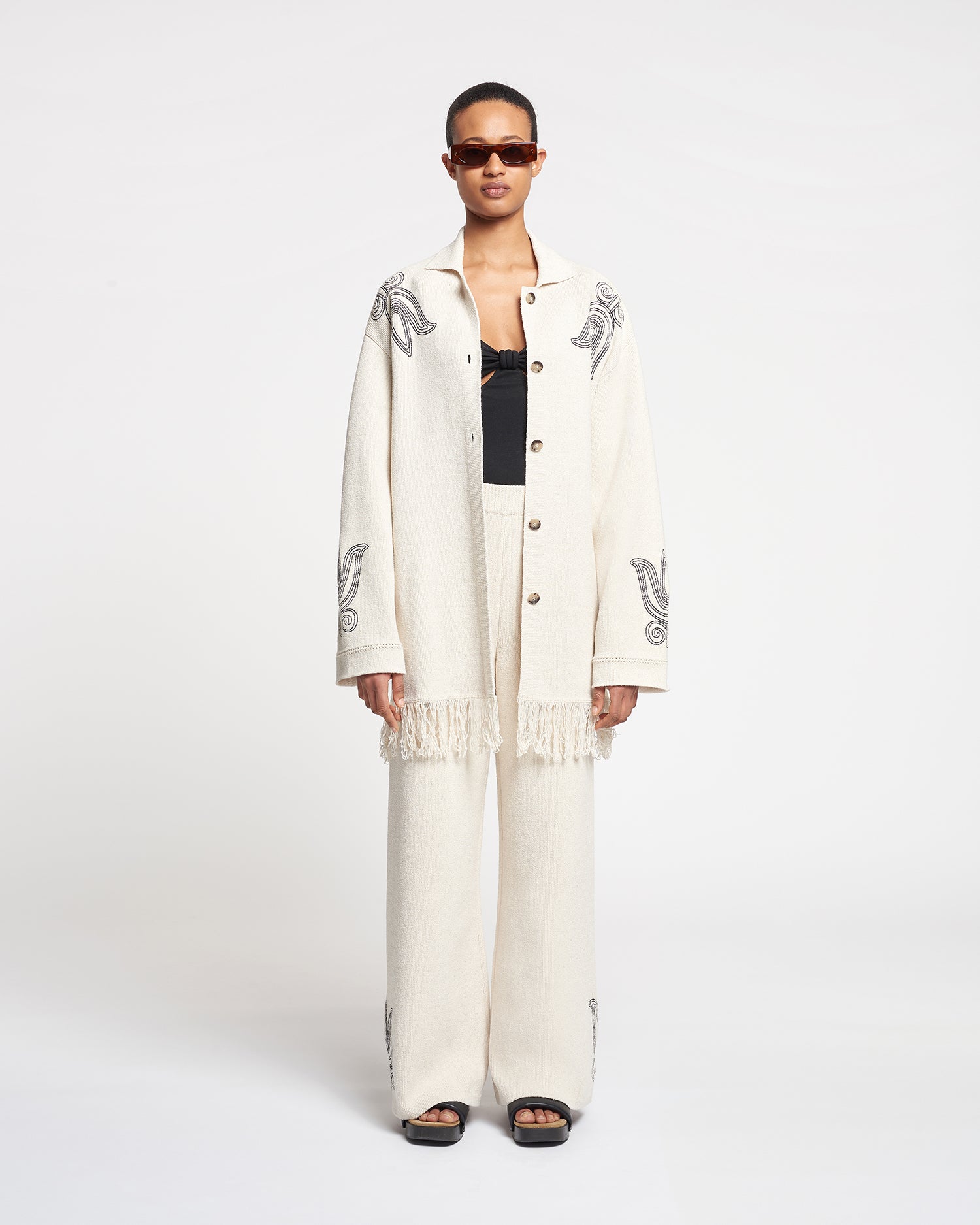 Womens | Dillian Embroidered Textured-Linen Cardigan | Natural/Black