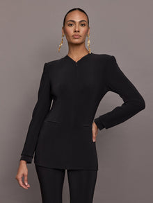 Norma Kamali | Long Sleeve Shoulder Pad V Neck Zip Front Jacket | Black