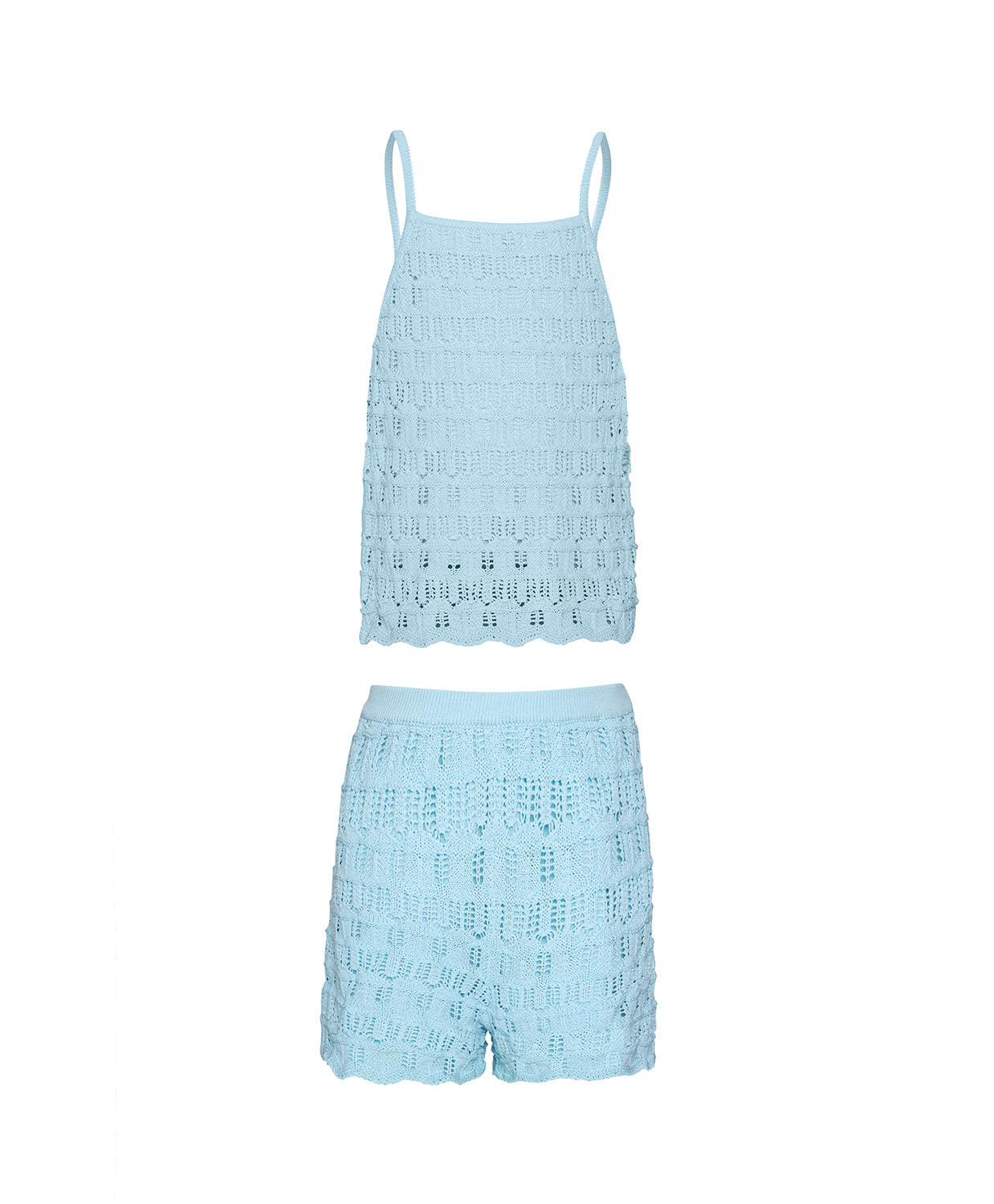 Kids Ice Blue Milo Set — soft crochet knit halter top and shorts in sky-blue, perfect for sunny days and seaside adventures.