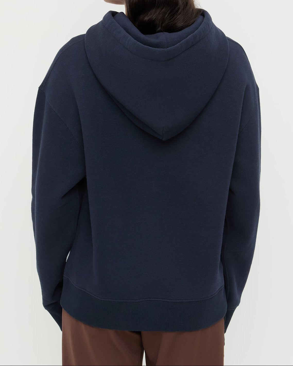Nova Hoodie in navy cotton and Venus Track Pant in brown cotton.