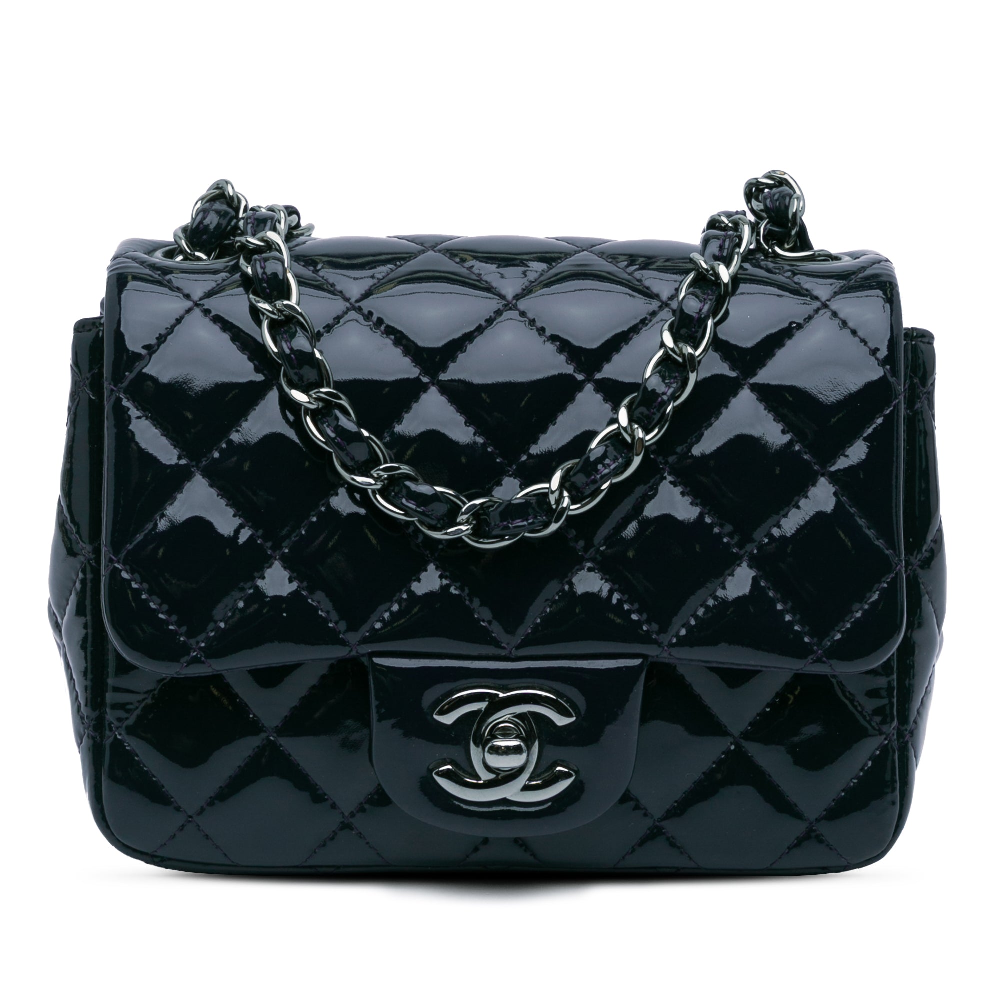 Chanel | Pre-Owned Mini Square Classic Patent Single Flap | Blue/Navy