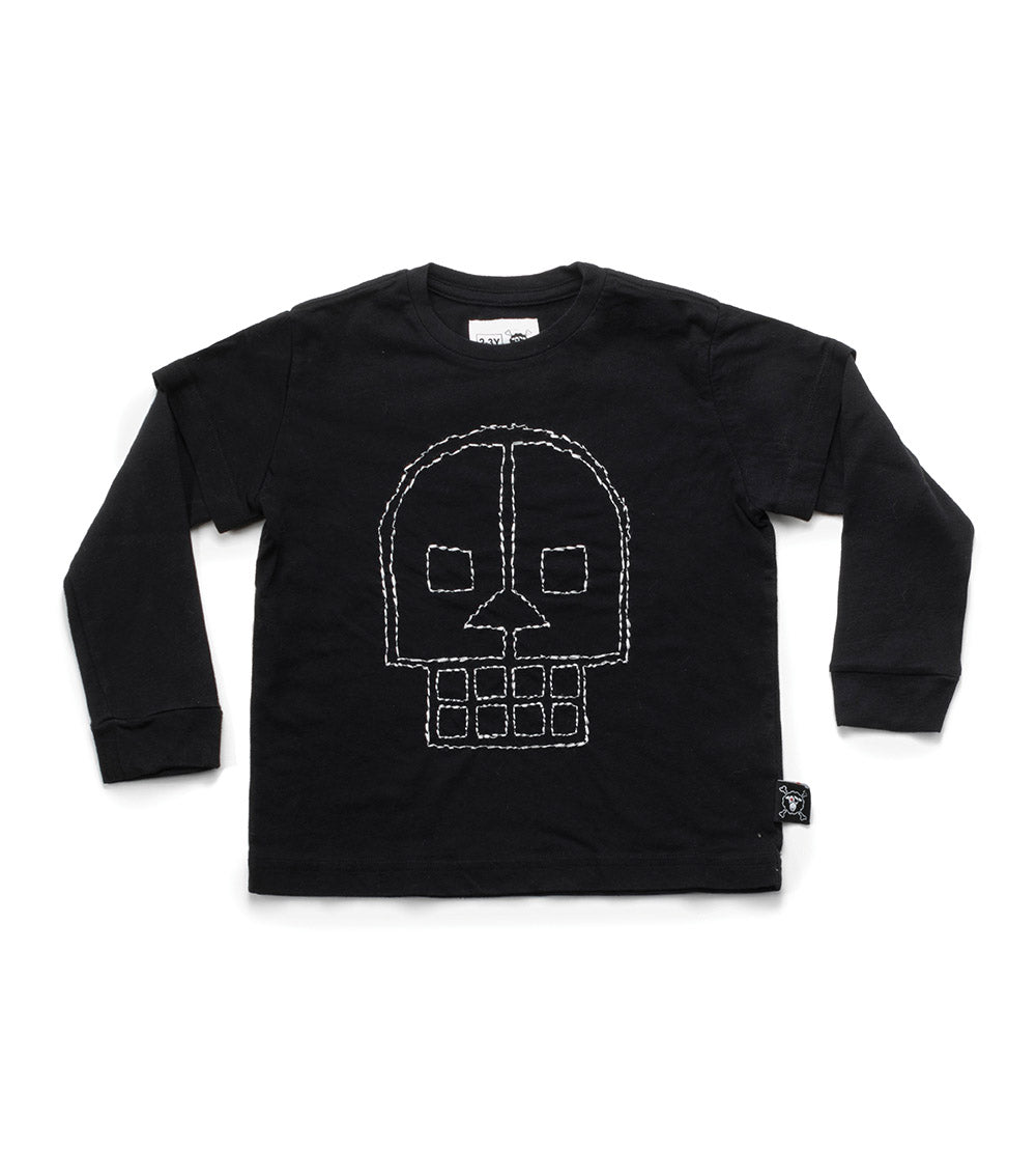 Kid | Embroidered Skull Robot Shirt | Black
