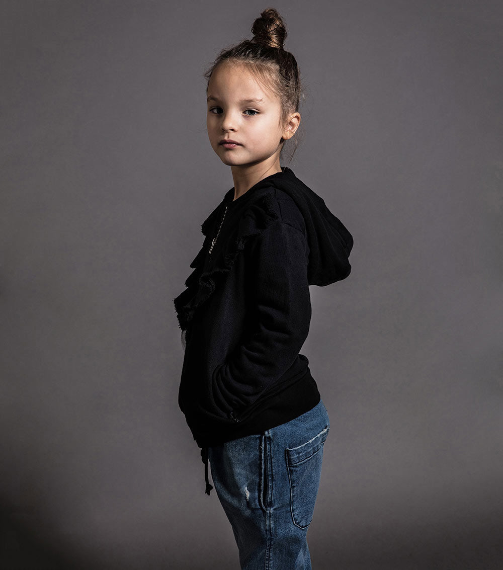 Kid | Ruffled Zip Hoodie | Black