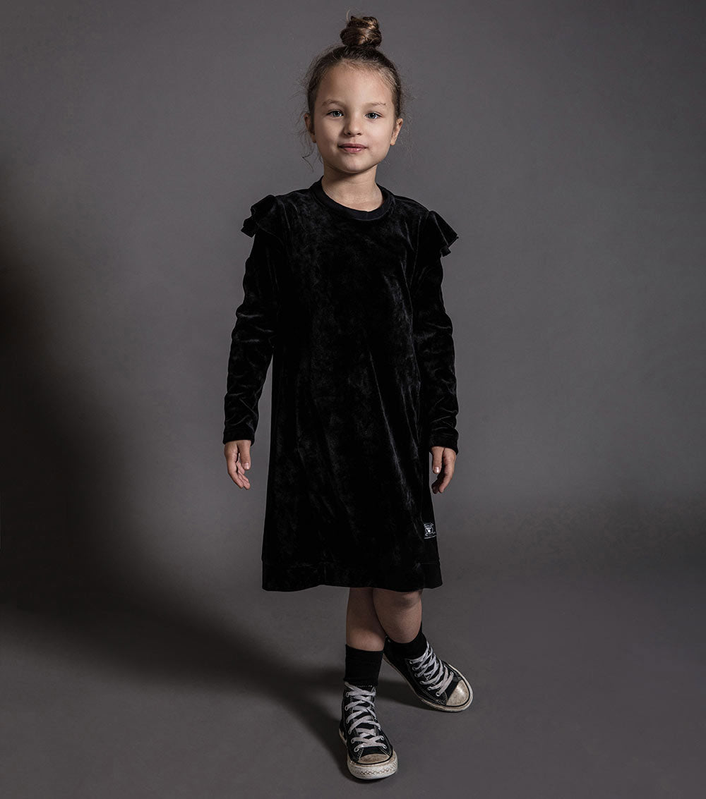 Kid | Velvet Ruffled Sleeve Dress | Black