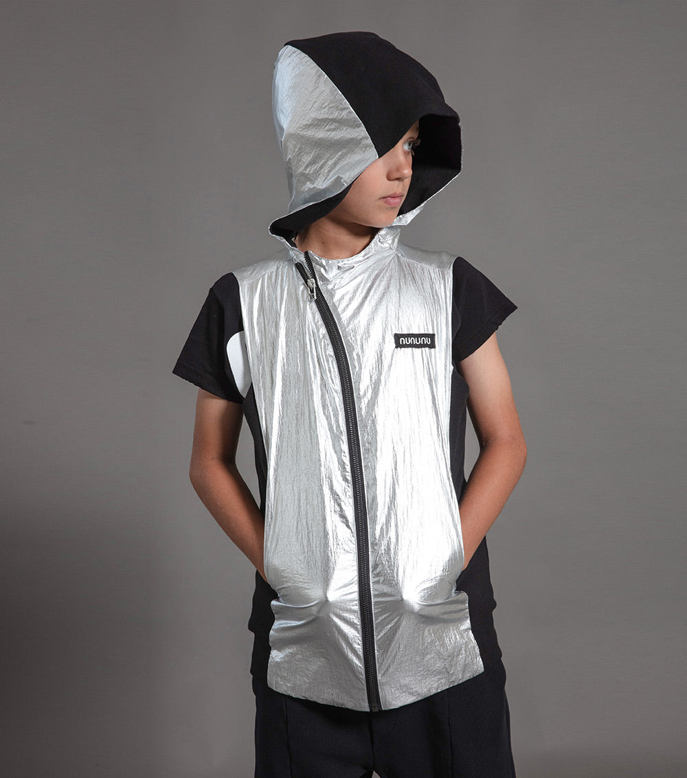 Kid | Duo Nylon Hooded Vest | Black x Silver