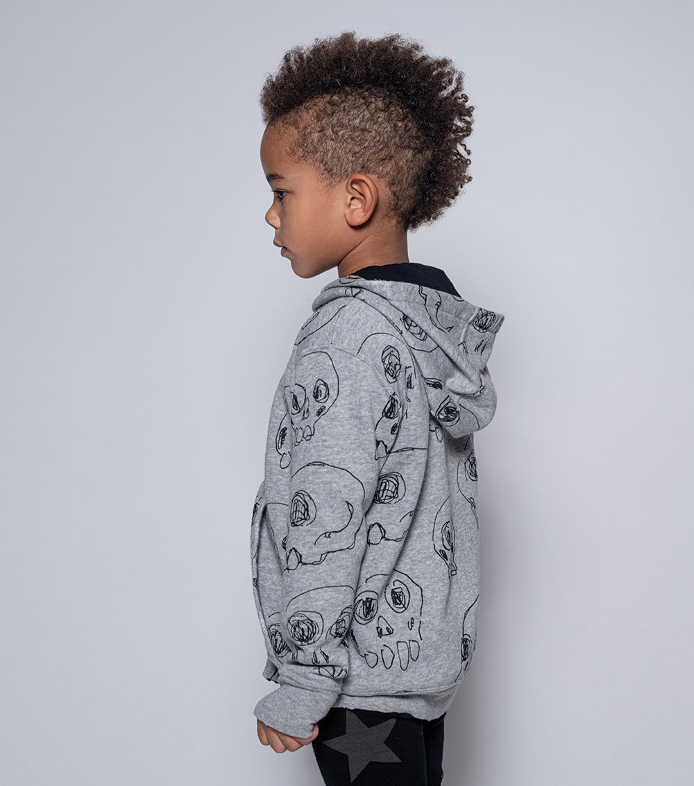 Kid | Scribbled Skulls Zip Hoodie | Heather Grey
