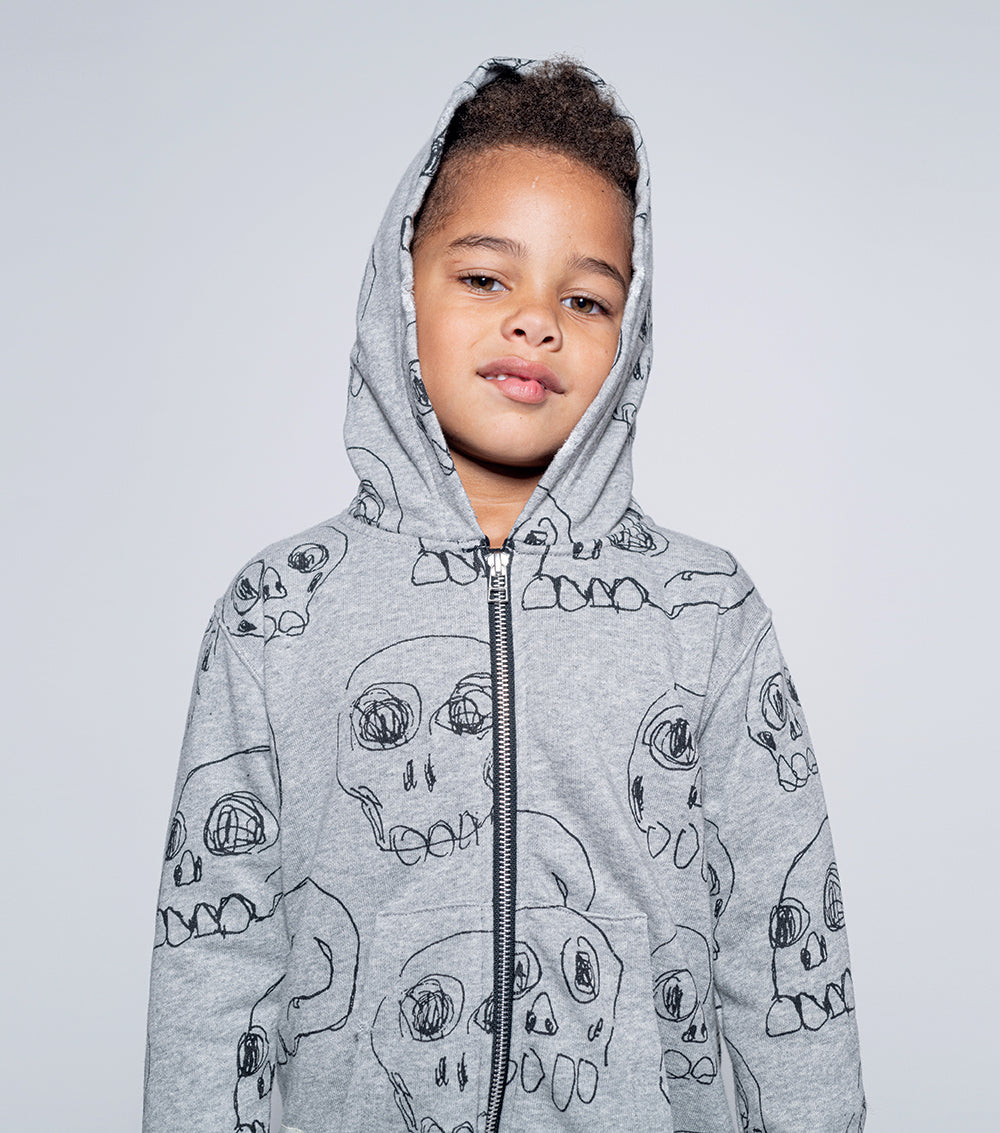 Kid | Scribbled Skulls Zip Hoodie | Heather Grey