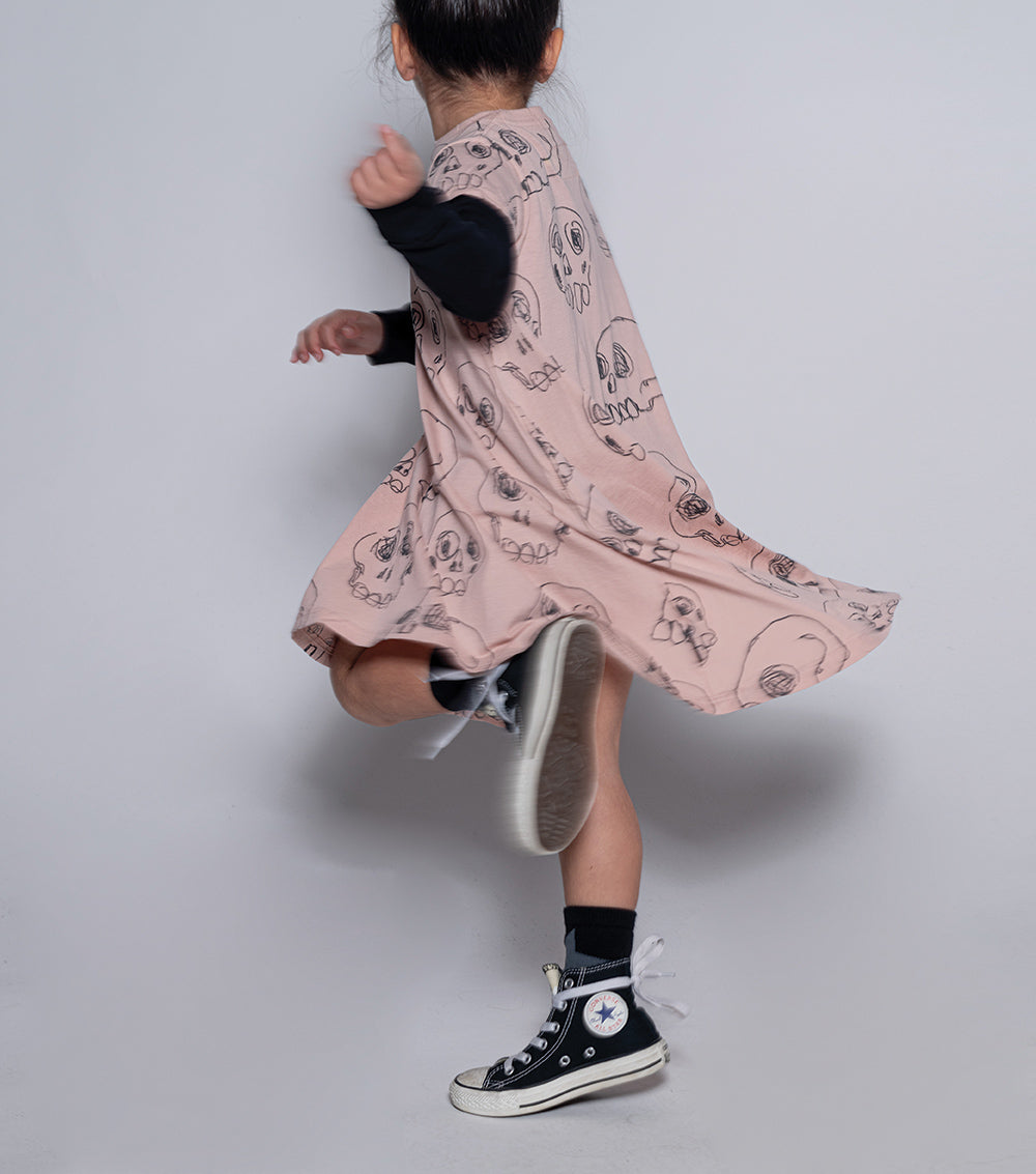 Kid | Scribbled Skulls 360 Dress | Powder Pink