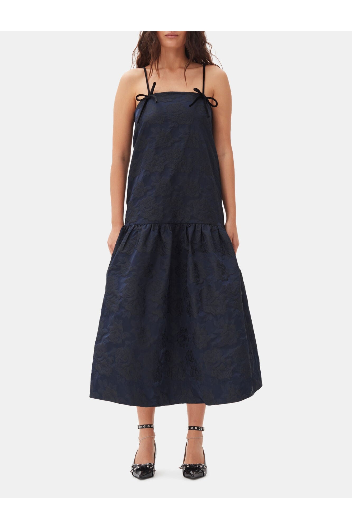 Navy Blue Botanical Jacquard Strap Midi Dress | Peacoat