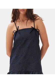 Navy Blue Botanical Jacquard Strap Midi Dress | Peacoat