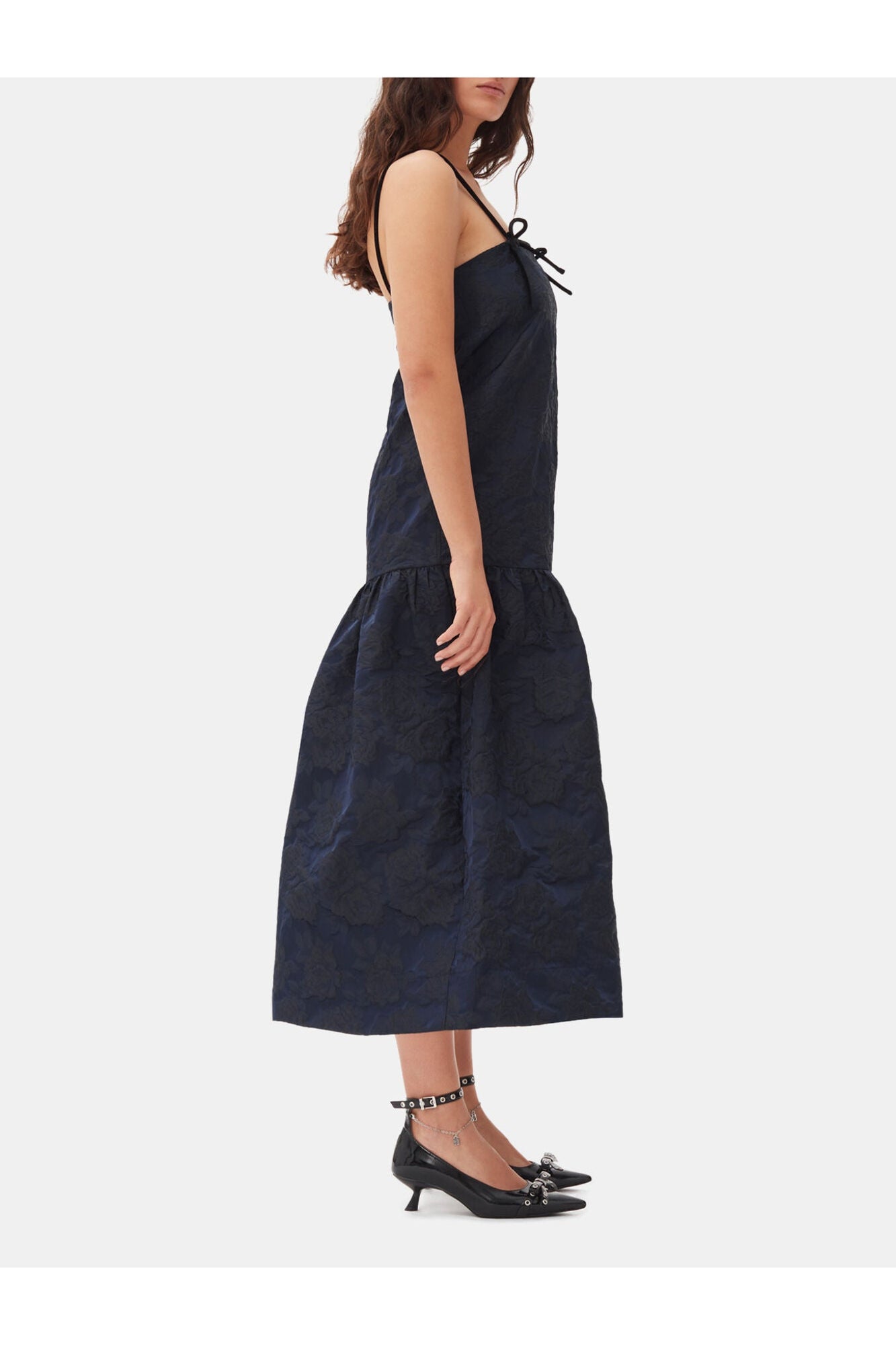 Navy Blue Botanical Jacquard Strap Midi Dress | Peacoat