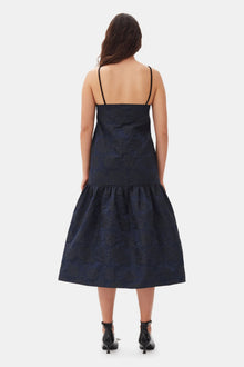 Navy Blue Botanical Jacquard Strap Midi Dress | Peacoat