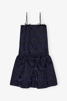 Navy Blue Botanical Jacquard Strap Midi Dress | Peacoat