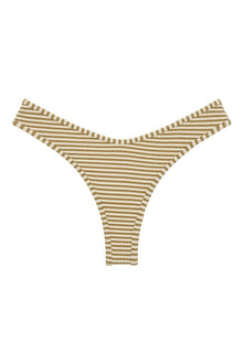 Tan and cream striped bikini bottom with horizontal lines and wide leg openings.