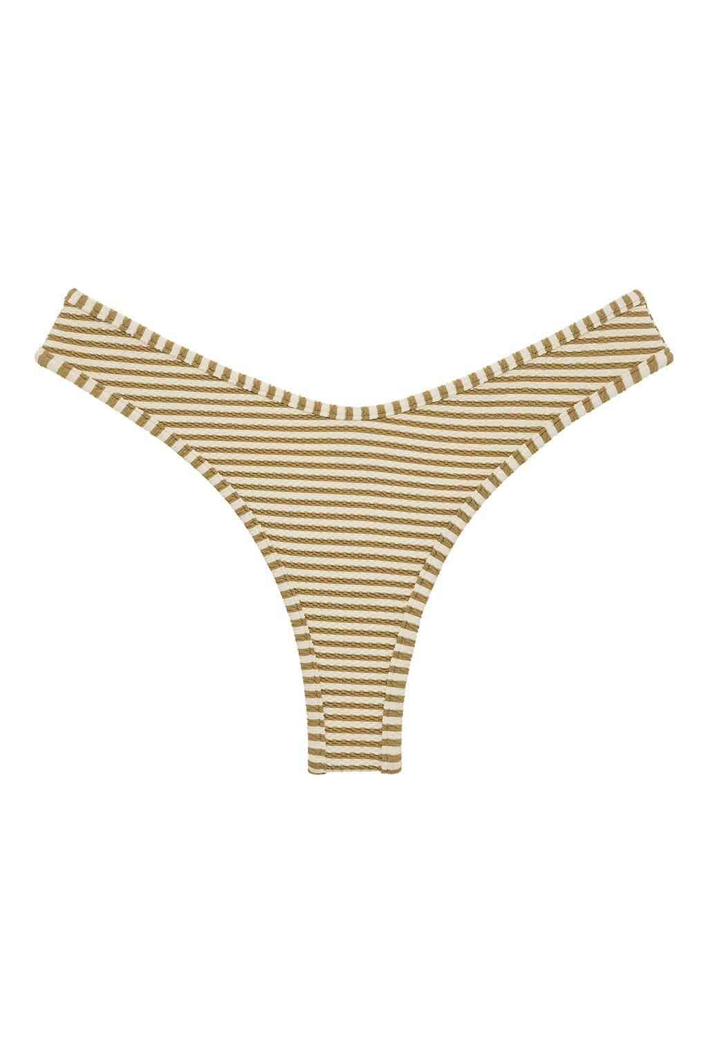 Tan and cream striped bikini bottom with horizontal lines and wide leg openings.