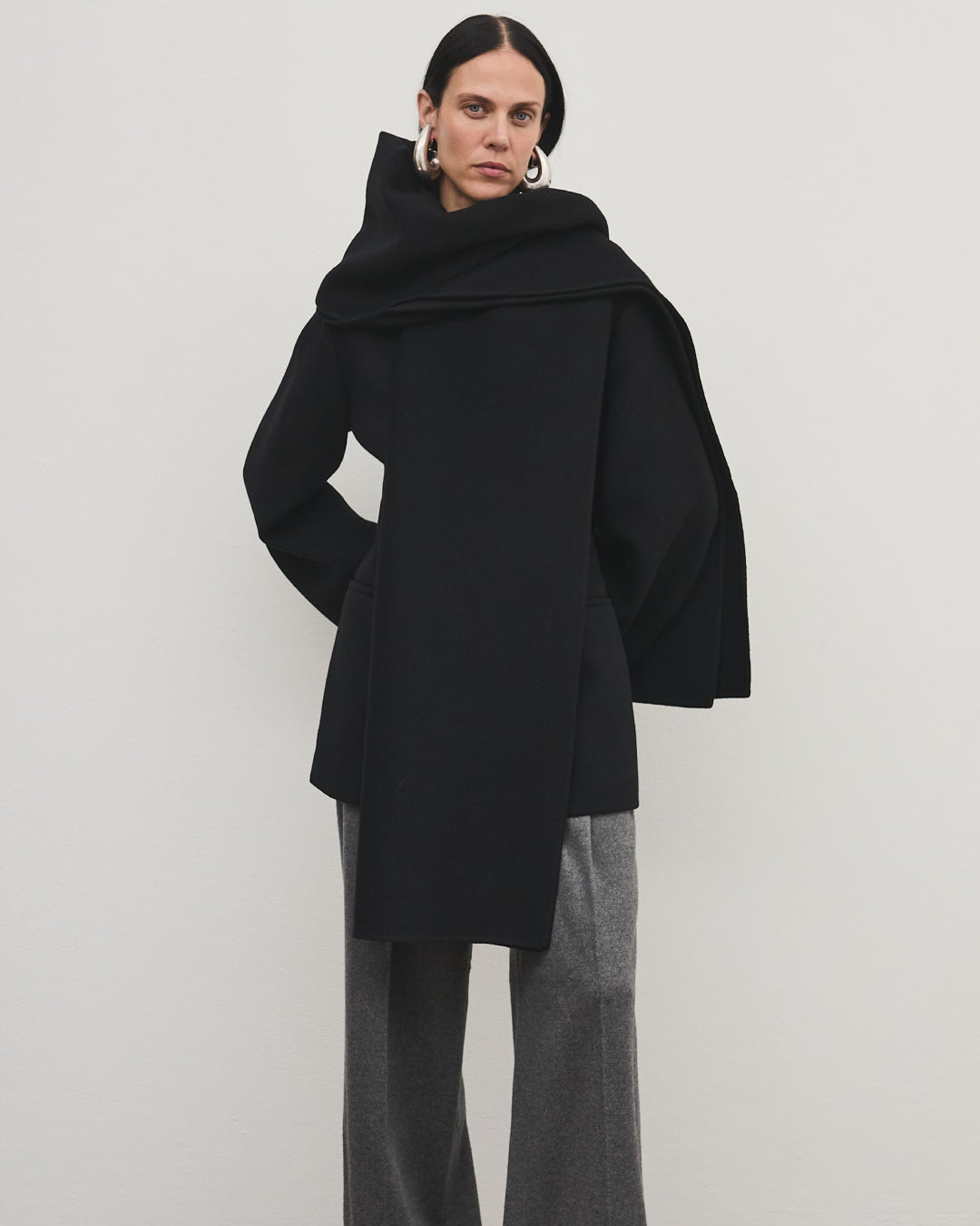 Another Tomorrow Short Scarf Coat in Black – Wool Women's Outerwear