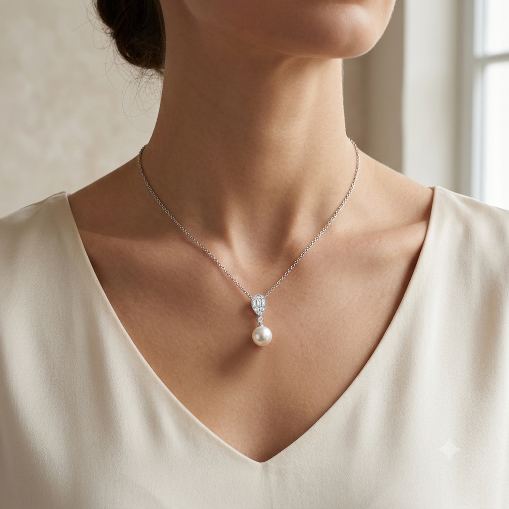 Round Pendant Necklace | 14K Yellow Gold | 0.33 Carat Lab Grown Diamond/White Freshwater Pearl | 9mm - 10mm | G-SI