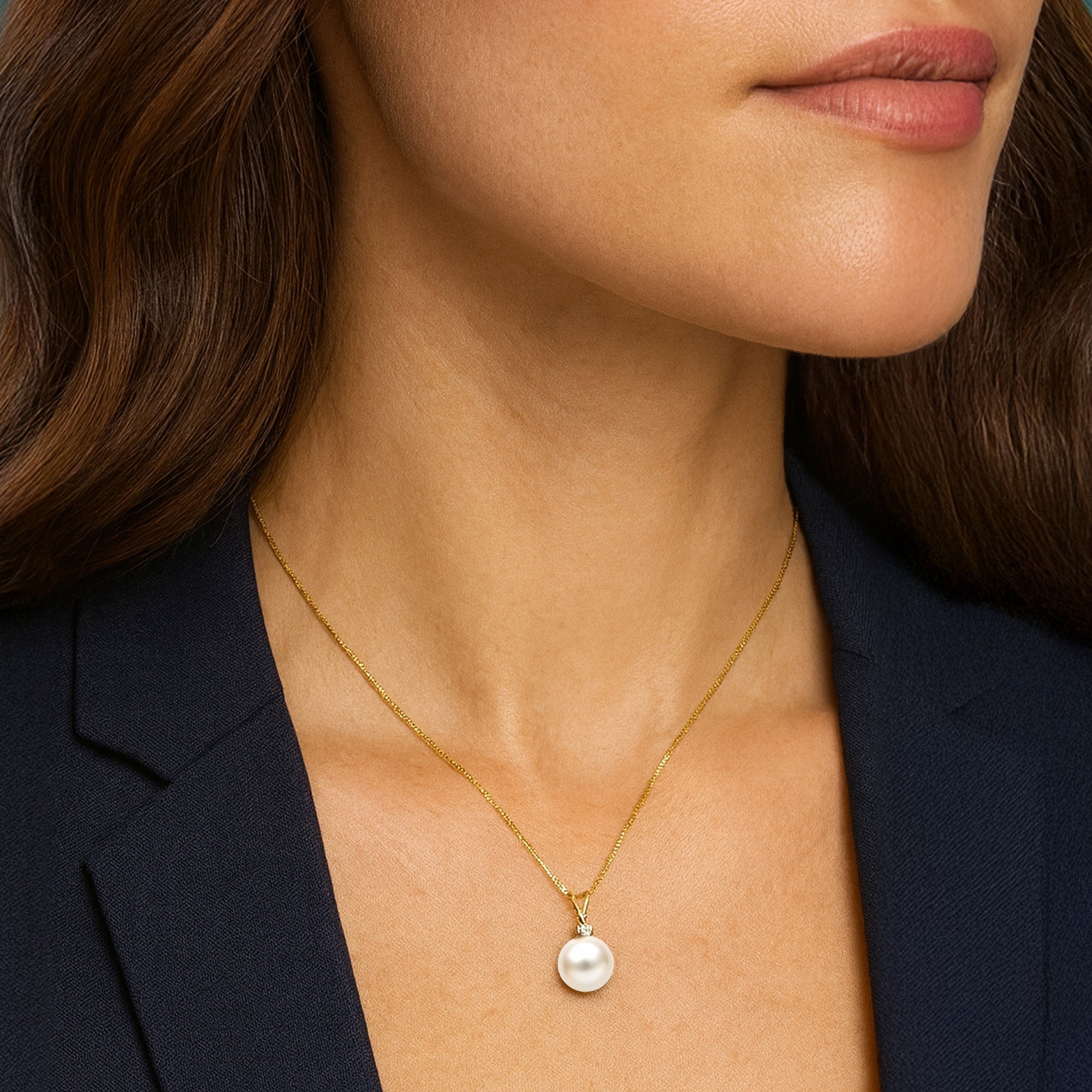 Round Pendant Necklace - Diamond Accent | 14K Yellow Gold | White Freshwater Pearl | 8mm - 9mm | 18"