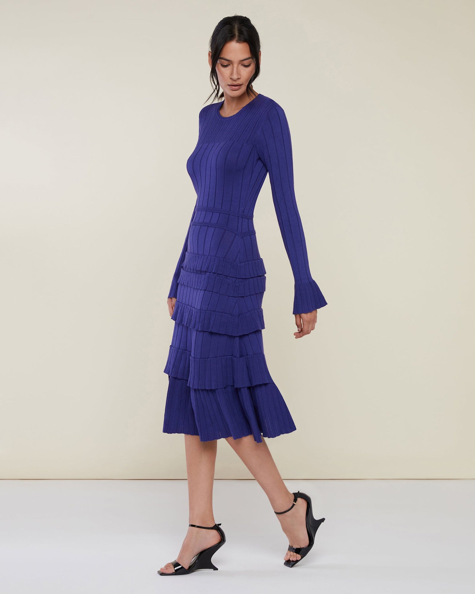 Rib Midi Dress with Pointelle Ruffles | Navy Blue