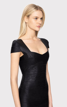 Foil Cap Sleeve Flare Skirt Bandage Dress | Black Foil