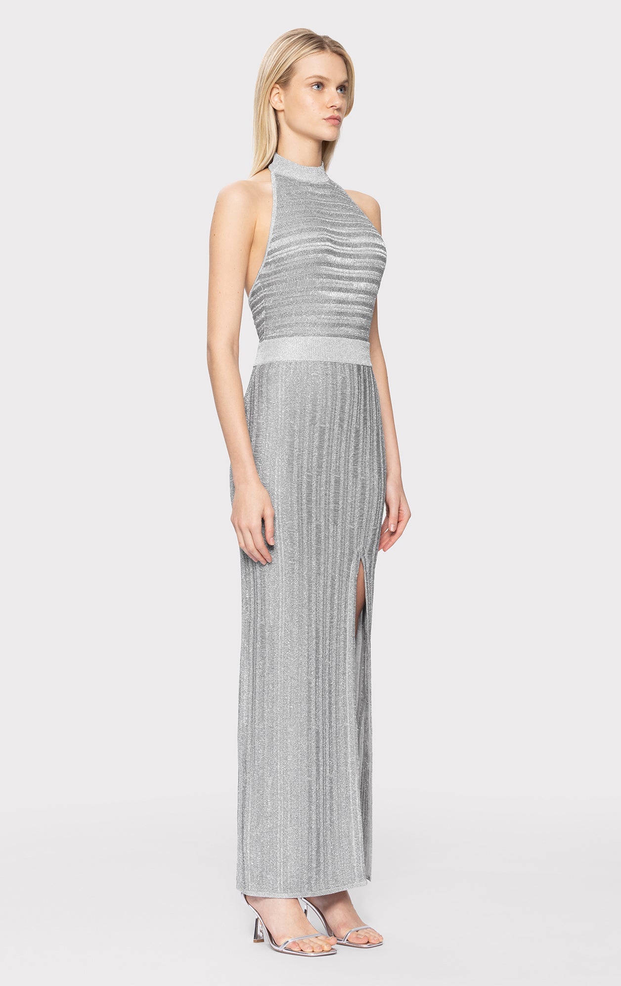 Lurex Eyelash Mock Neck Gown | Metallic Silver