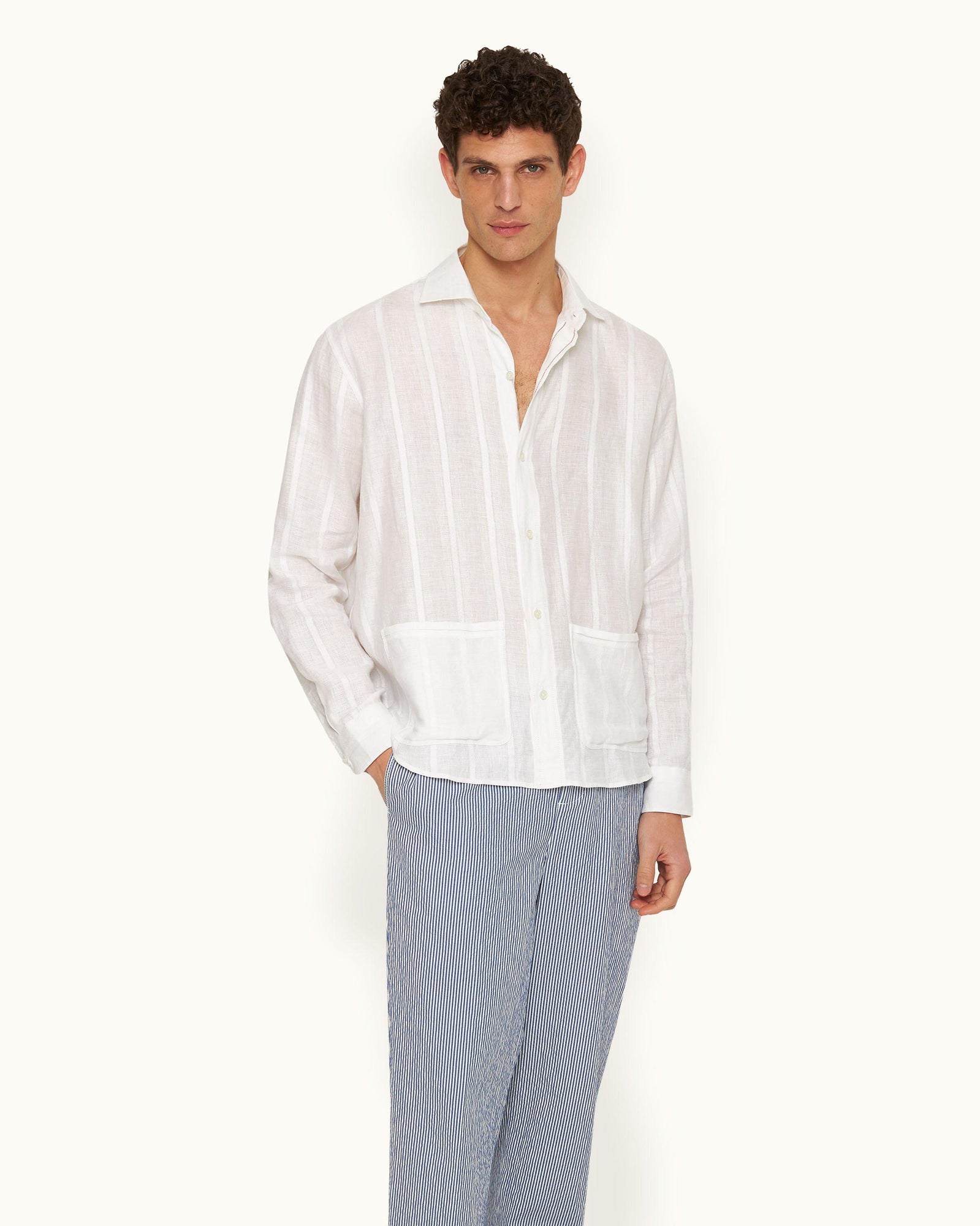 Tonal Waffle Stripe Linen Resort Overshirt Woven In Italy in White colour | White