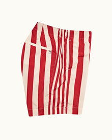 Vermillion Mix Stripe Drawcord Mid-Length Swim Shorts | Vermillion